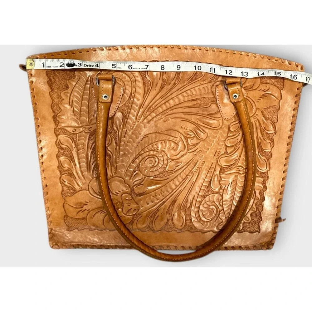 Womens Leather Natural‎ Grain Tote Handbag Embossed Tooled Zip Top 16